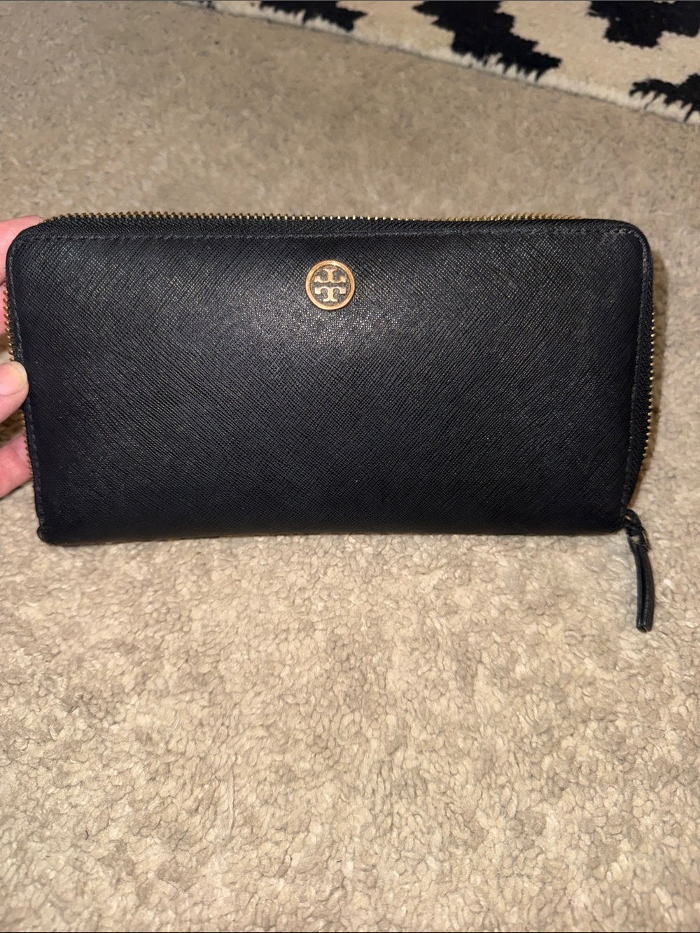 Tory Burch Black Leather Zip Wallet with Gold Logo
